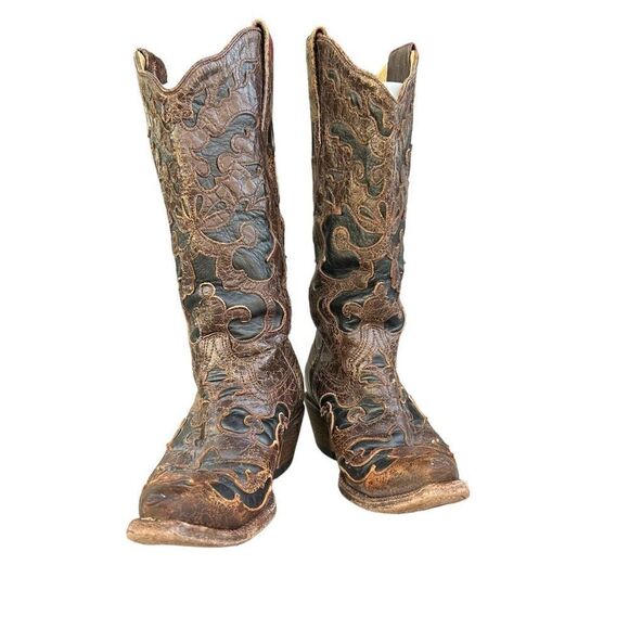Corral Vintage Brown Goat Overlay Snip‎ Toe Cowboy Boots Womens Size 6.5m C1957 - Picture 5 of 10